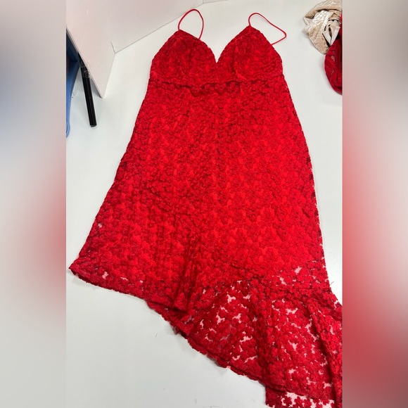 TOPSHOP Lace Plunge Asymmetrical Hem Midi Dress in Red Size US 10 - Picture 2 of 15